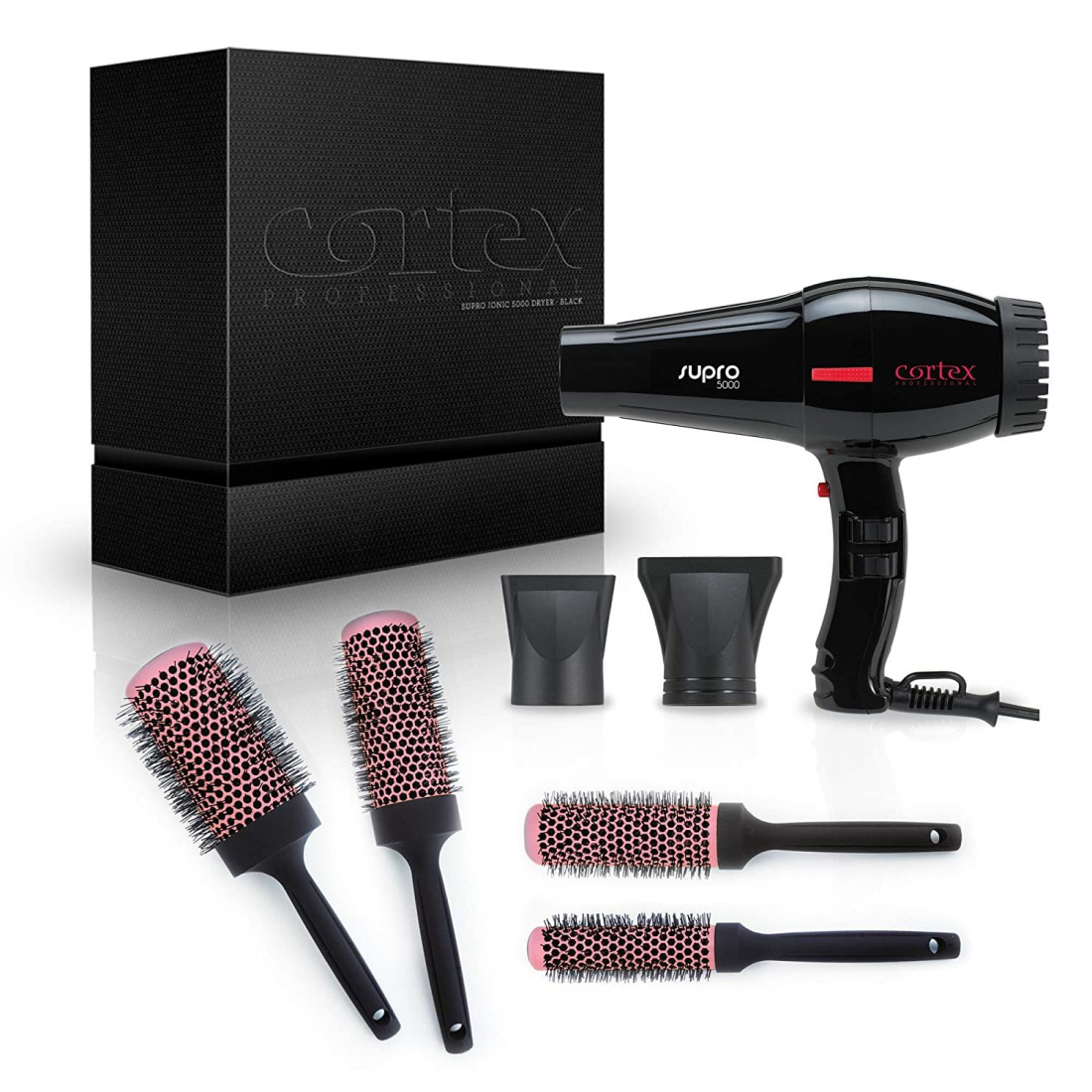 'Supro Hair Dryer' Hair Brush Set - Black 4 Pieces