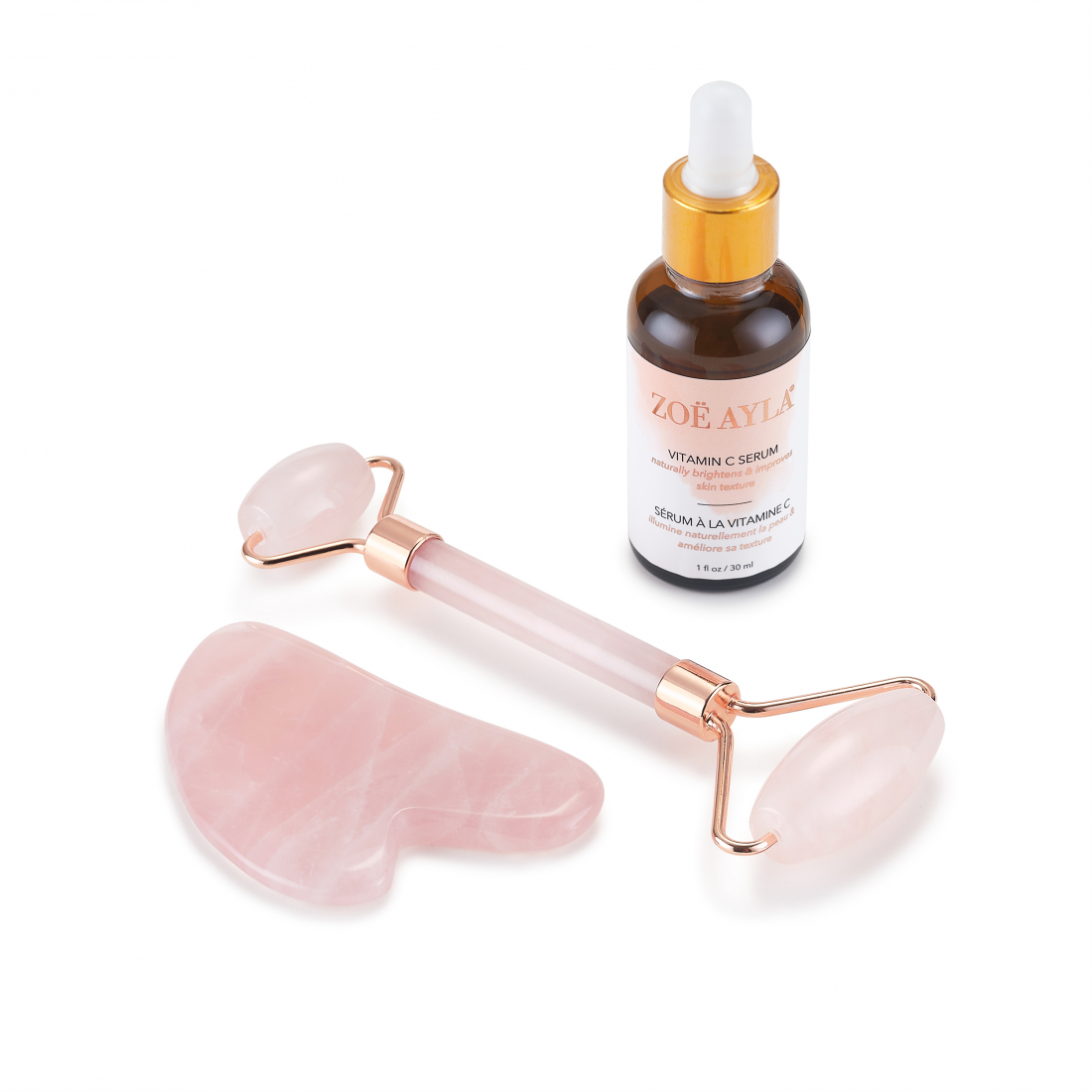 Set 'Rose Quartz Roller, Gua Sha & Vitamin C Serum' - 3 Pièces