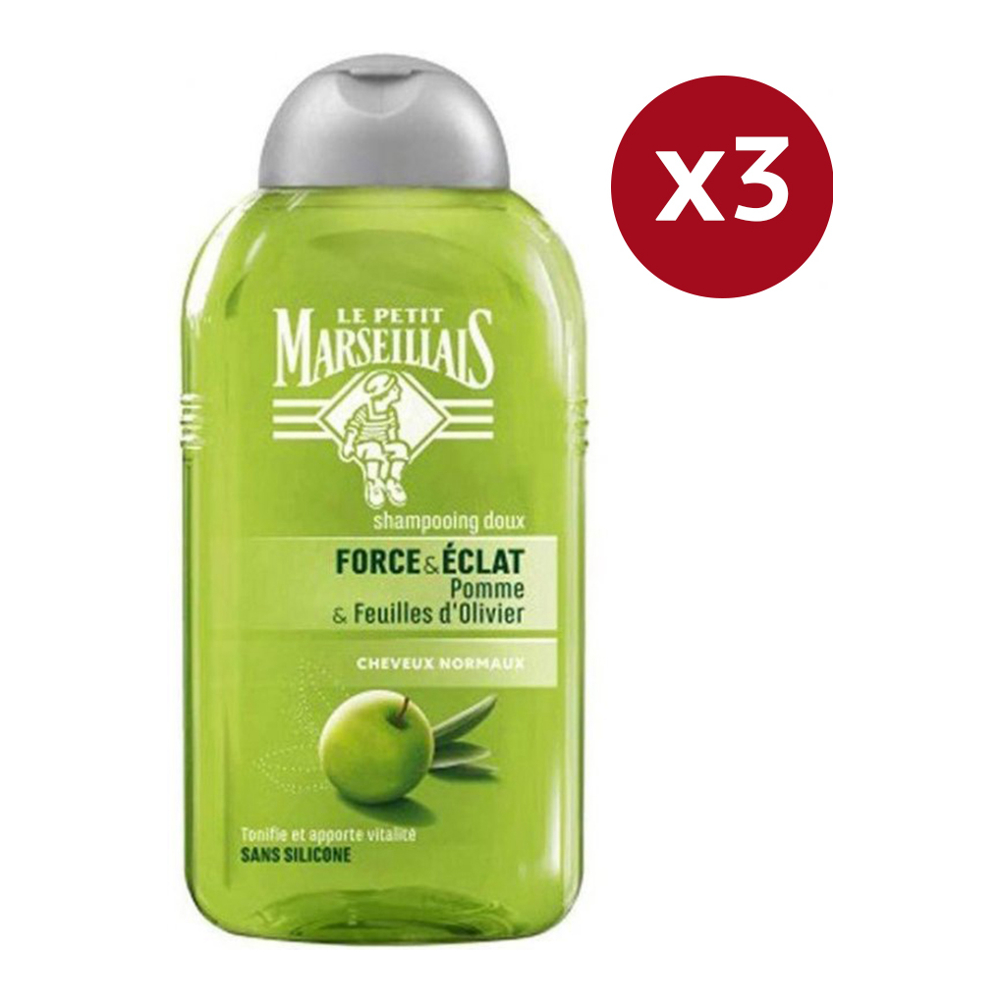 Shampoing 'Force et Éclat Pomme et Feuilles d'Olivier' - 250 ml, 3 Pack