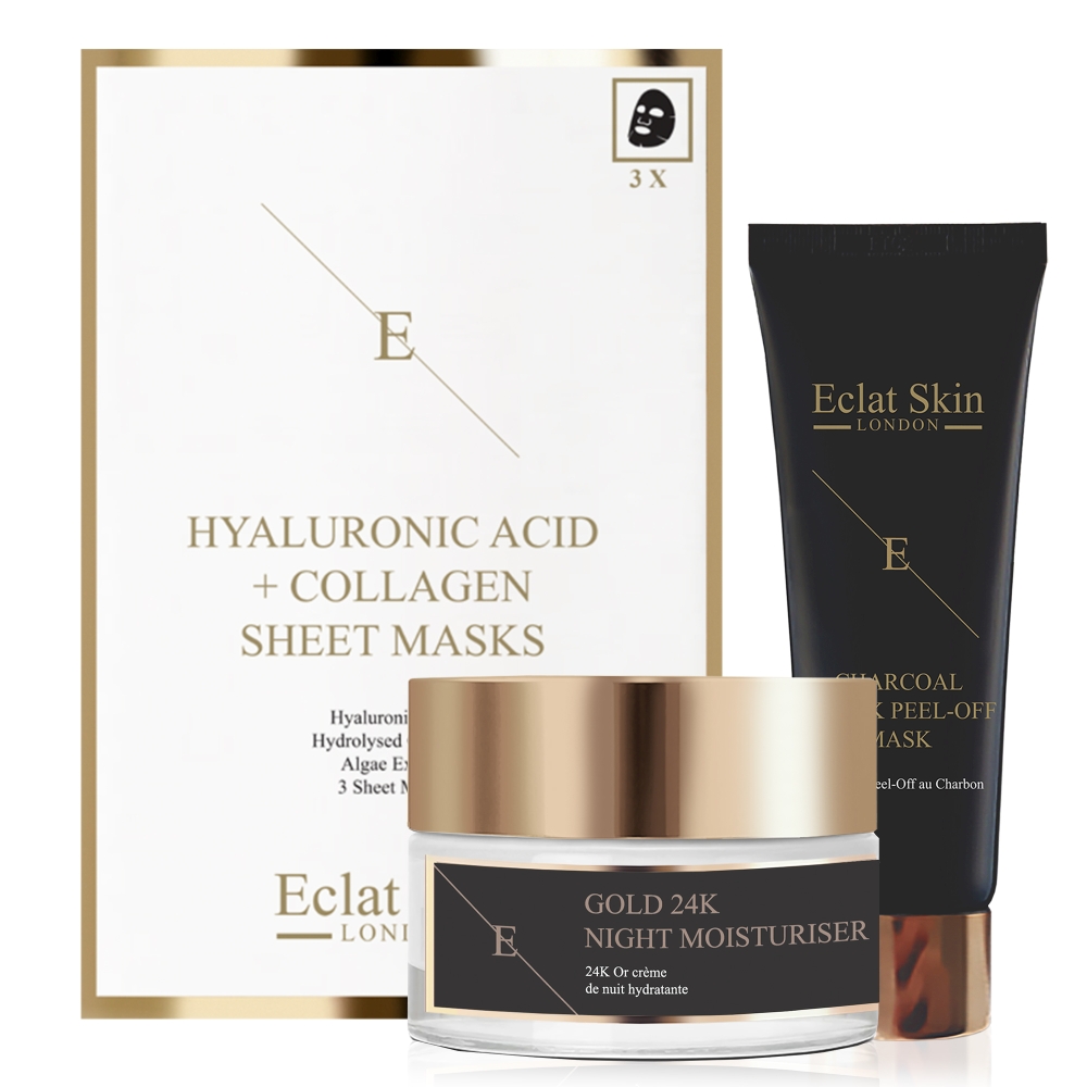 Coffret de soins de la peau '24K Gold + Hyaluronic Acid & Collagen + Charcoal Black' - 3 Pièces