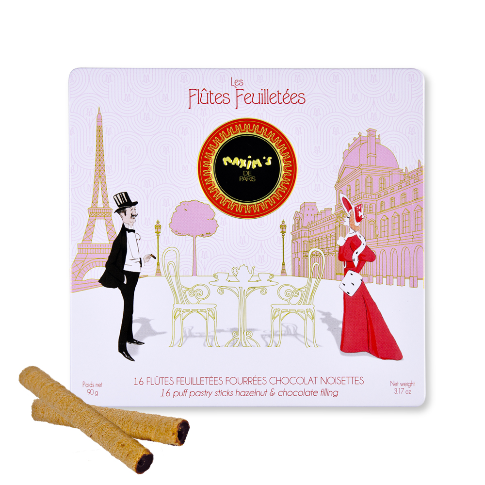 Boite Métal | 16 Flûtes Feuilletées Chocolat Noisettes
