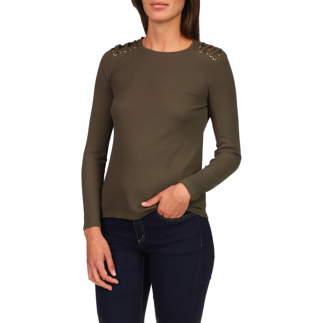 Women's 'Waffle Shoulder Lace-Up' Long Sleeve top