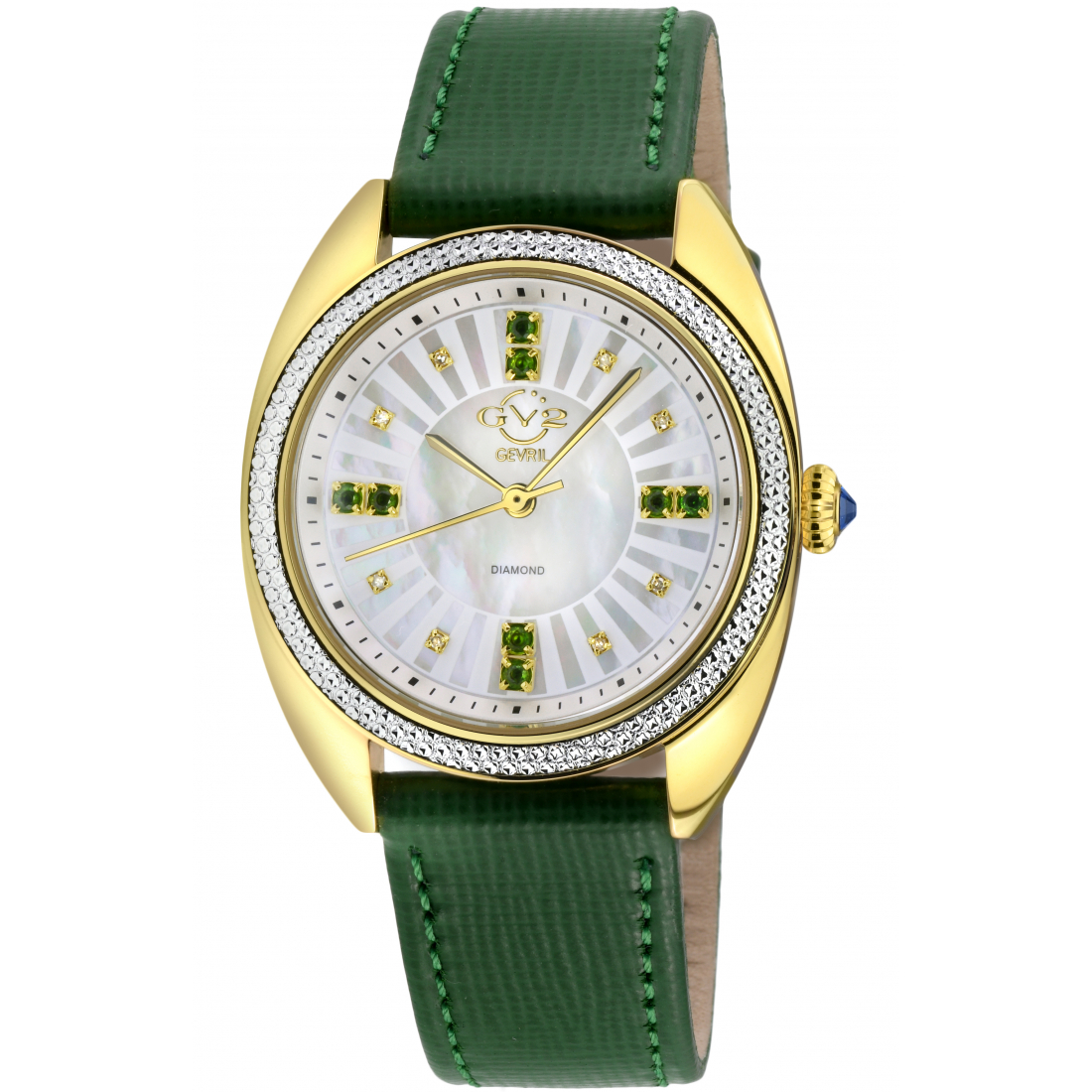 Women's Palermo Swiss-Made Quartz White MOP Dial Green Hand Made Italian Leather Diamond Watch