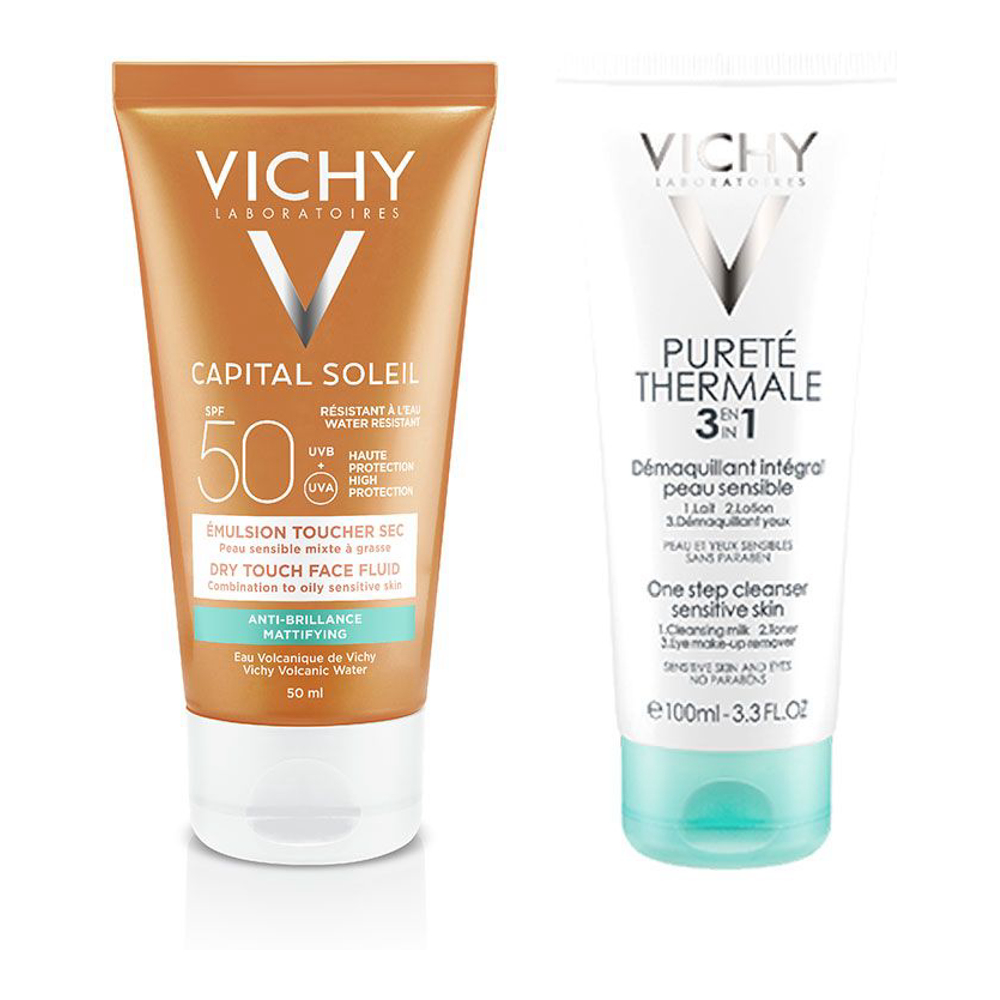 Set de soins solaires 'Emulsion Toucher Sec SPF50+  Lait Démaquillant 3en1' - 2 Pièces