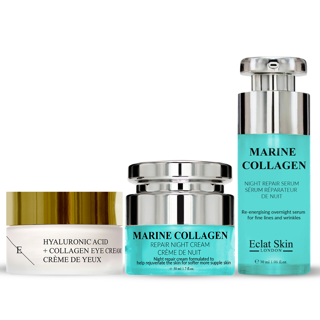 Crème contour des yeux, Crème de nuit, Sérum de nuit 'Hyaluronic Acid & Collagen + Marine Collagen'