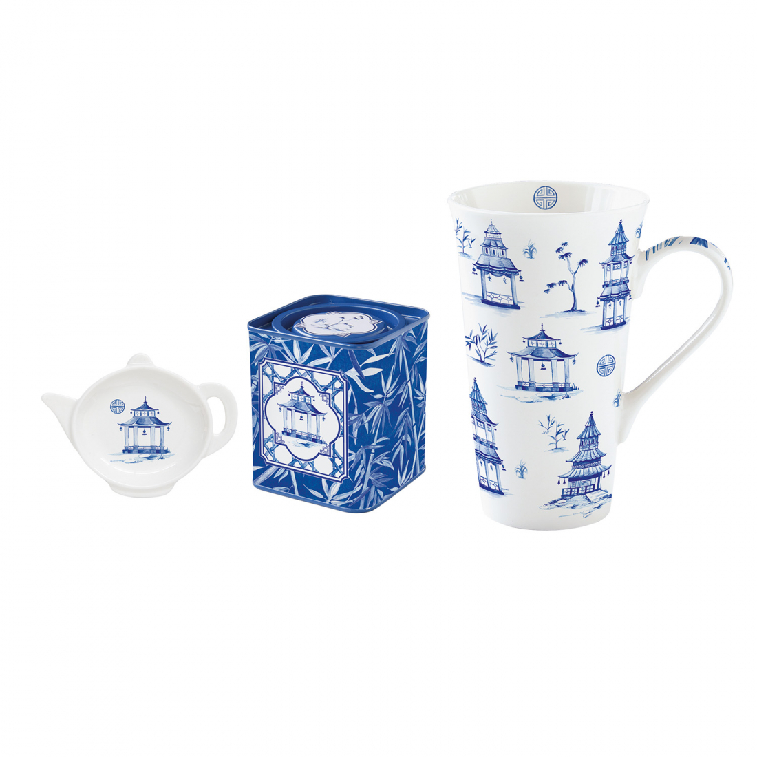 Porzellantasse Mit Teebeutelhalter Und Teedose In Farbiger Verpackung Pagoda – 600 ml – Metalldose 7,5 x 7,5 x 9 cm – Teebeutel