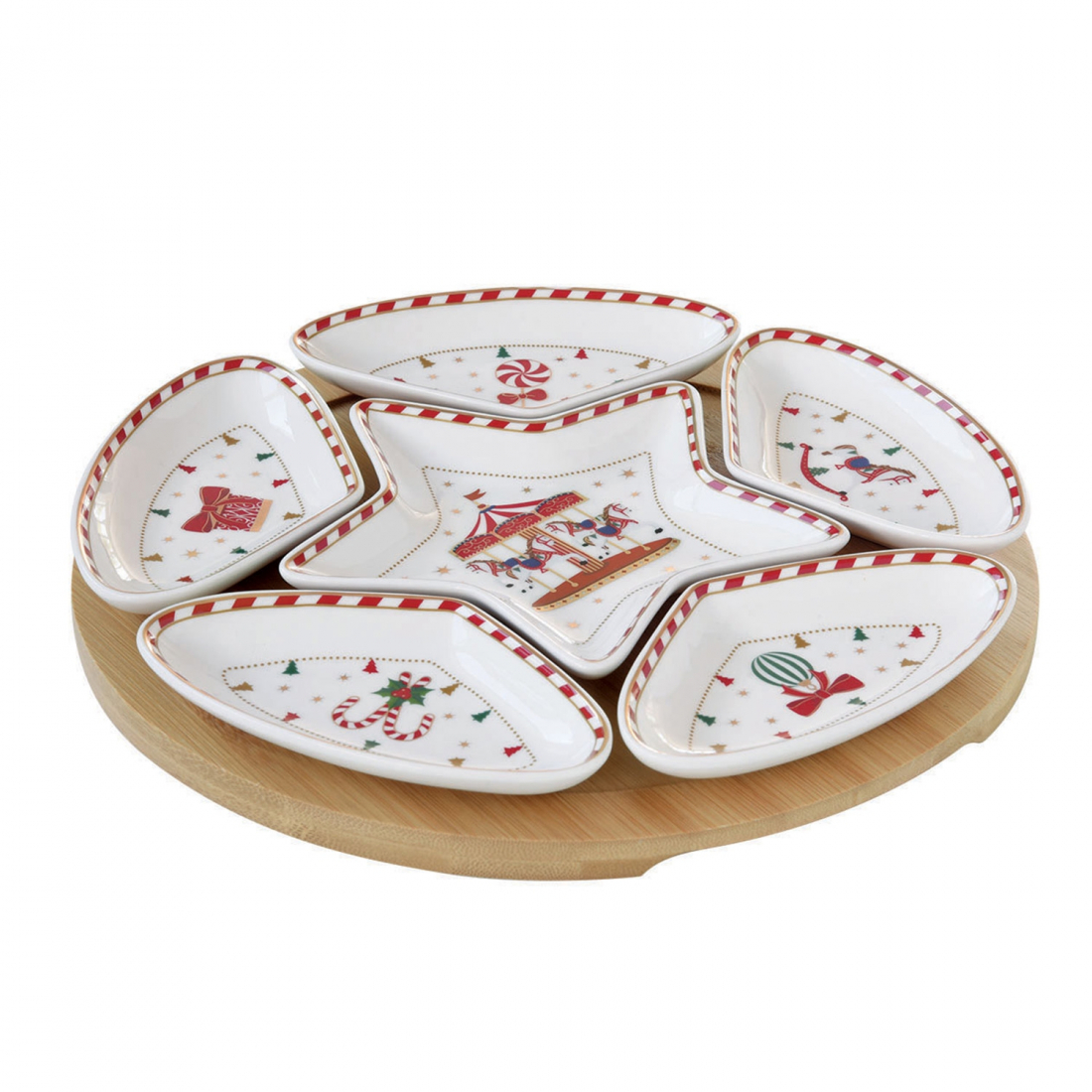 Service À Apéritif Ø 25 cm Avec 6 Coupes Et Socle En Bambou - Pays Des Merveilles De Noël