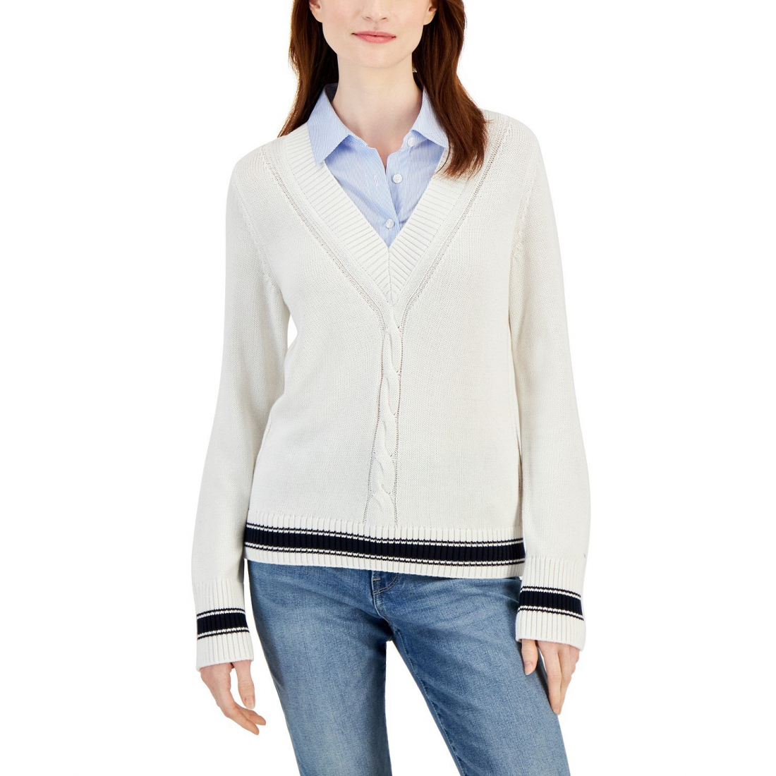 Cable-Knit Contrast-Trim V-Neck Sweater pour Femmes