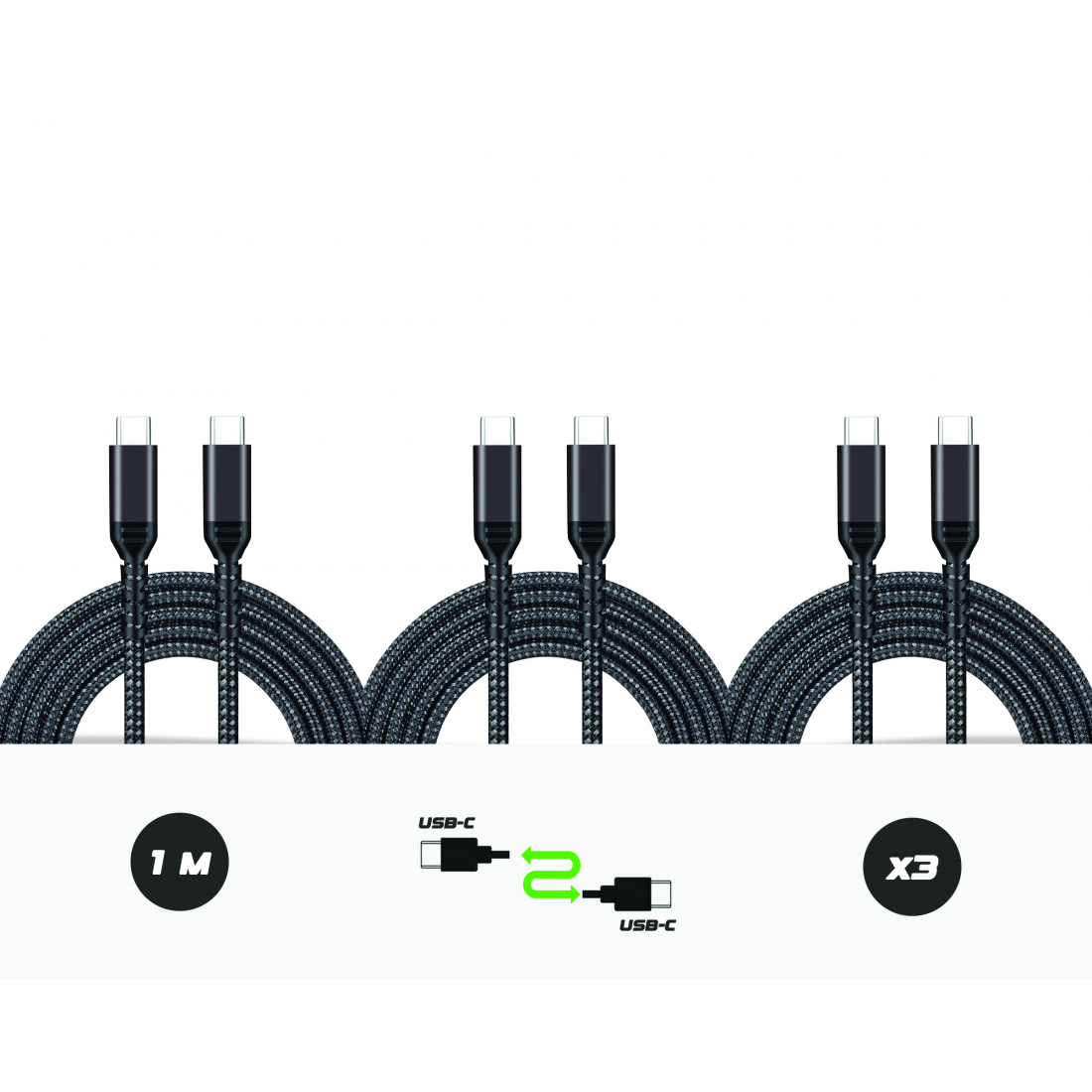 Pack of 3 USB-C to USB-C cables in reinforced nylon, 60W - 1M black