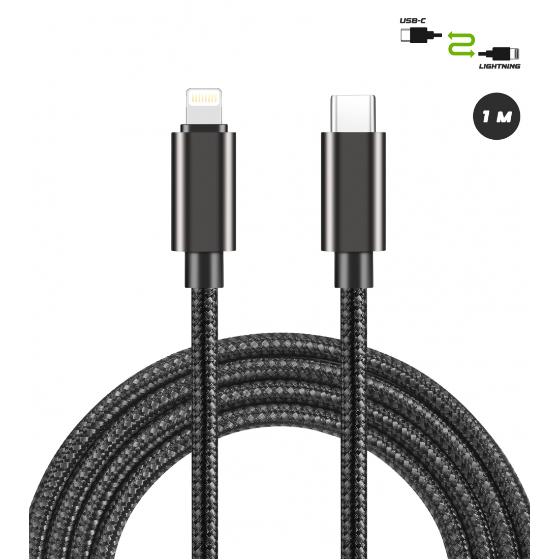 27W Reinforced Nylon USB-C to Lightning Cable - 1M Black