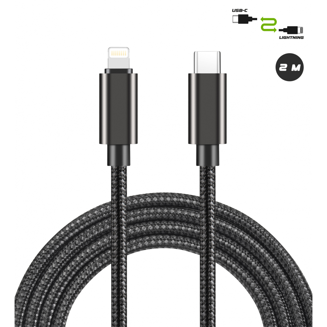 27W Reinforced Nylon USB-C to Lightning Cable - 2M Black