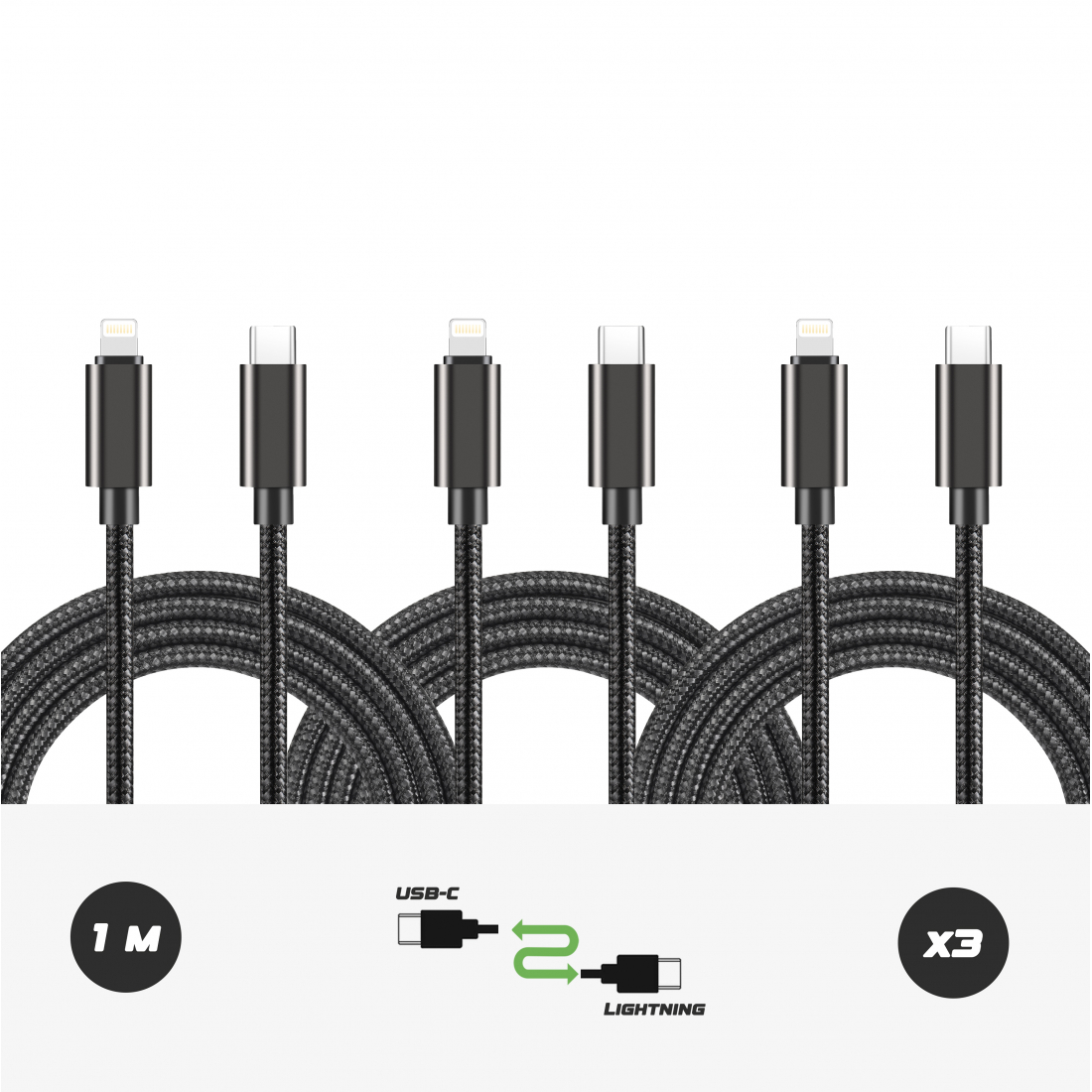 Pack of 3 USB-C to Lightning cables in reinforced nylon, 27W - 1M black