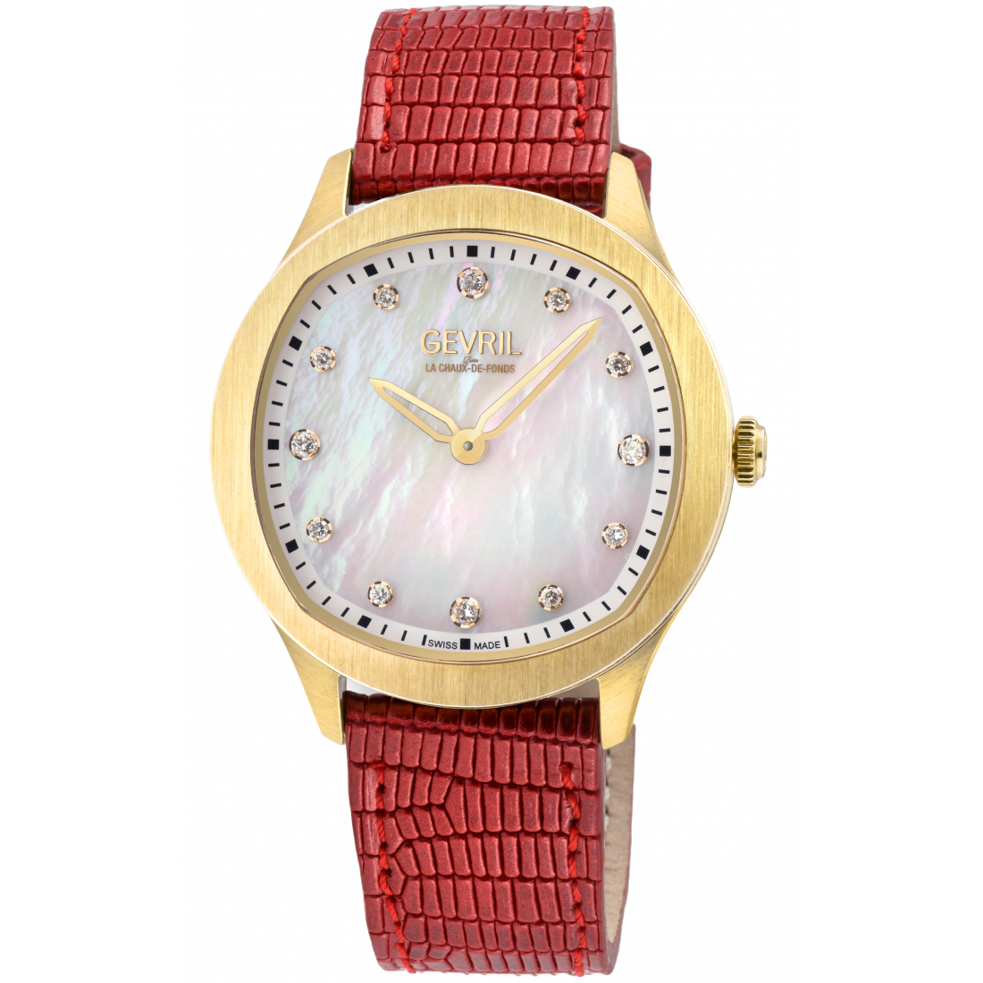 Women's Morcote Swiss-Made Quartz White MOP Dial Red Hand made Italian leather Diamond Watch