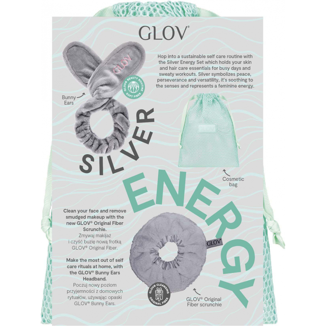 Silver Energy Set I Ultra Soft Gesichtsreinigungs 2-In-1 Haargummi & Abschminktuch Und Das Bunny Ears Stirnband