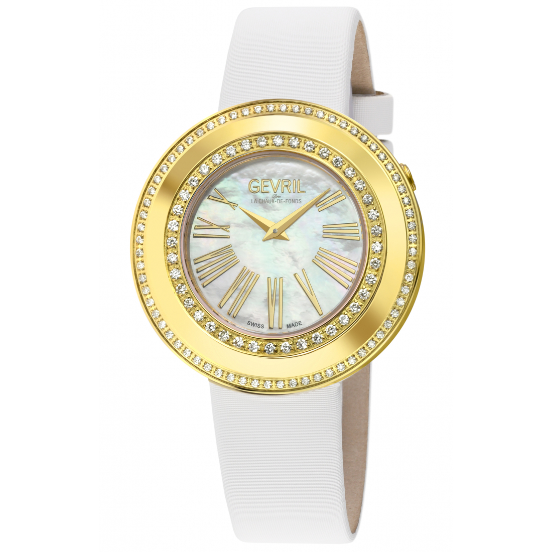 Montre Gandria Swiss Diamond pour femme, boîtier en acier inoxydable 316L/IPYG, cadran en MOP blanc, bracelet en cuir italien v
