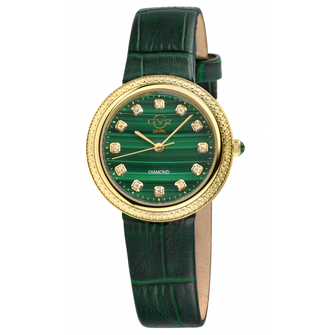 GV2 Arezzo Montre pour femmes avec diamants, boîtier IPYG, cadran en malchaite, bracelet en cuir vert véritable fait à la main