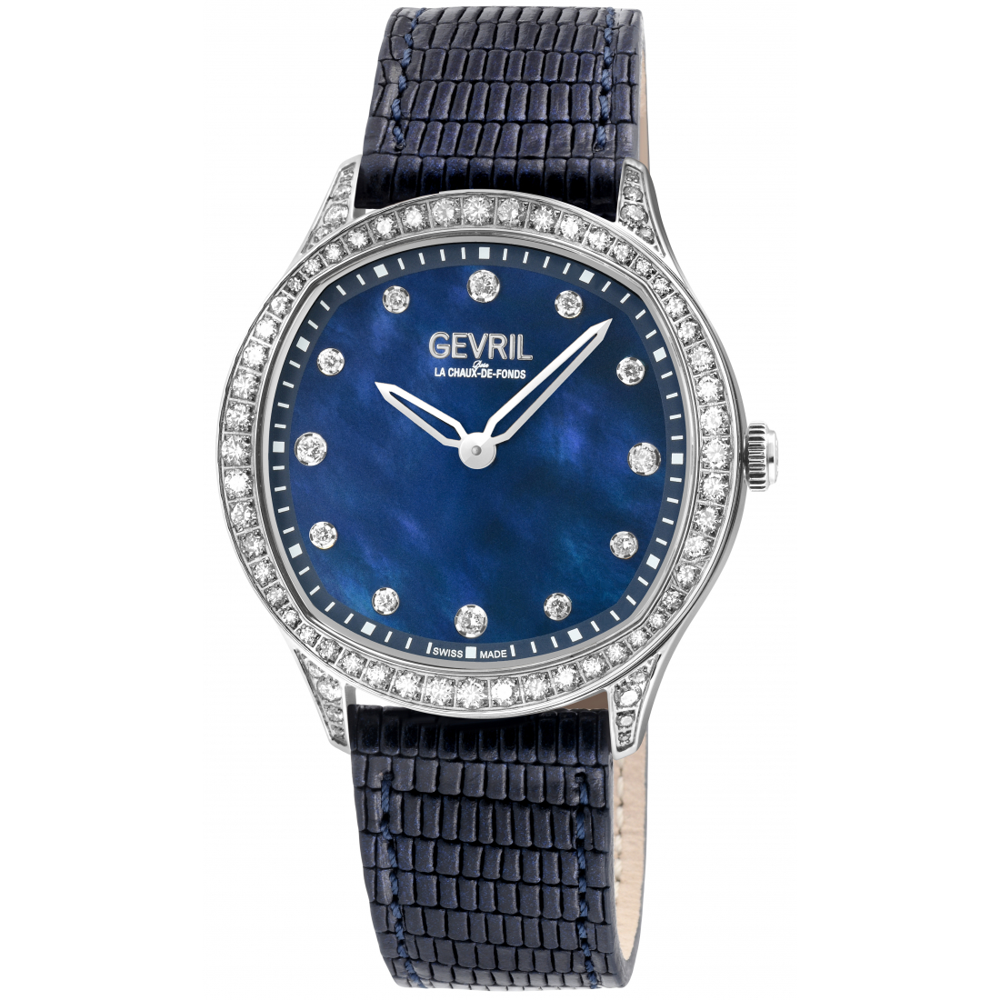 Montre Morcote Swiss Diamond pour femme, boîtier en acier inoxydable 316L, MOP bleu, bracelet en cuir italien véritable