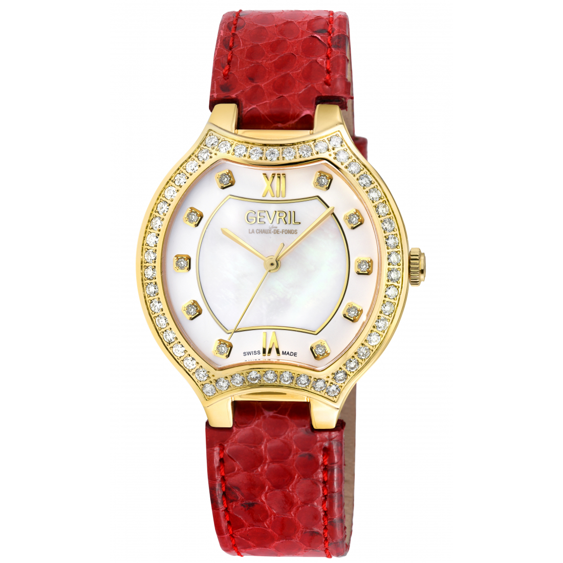 Women's Lugano Swiss Diamond Watch, White MOP Dial, IPYG Case,Genuine Italian Handmade Leather Strap