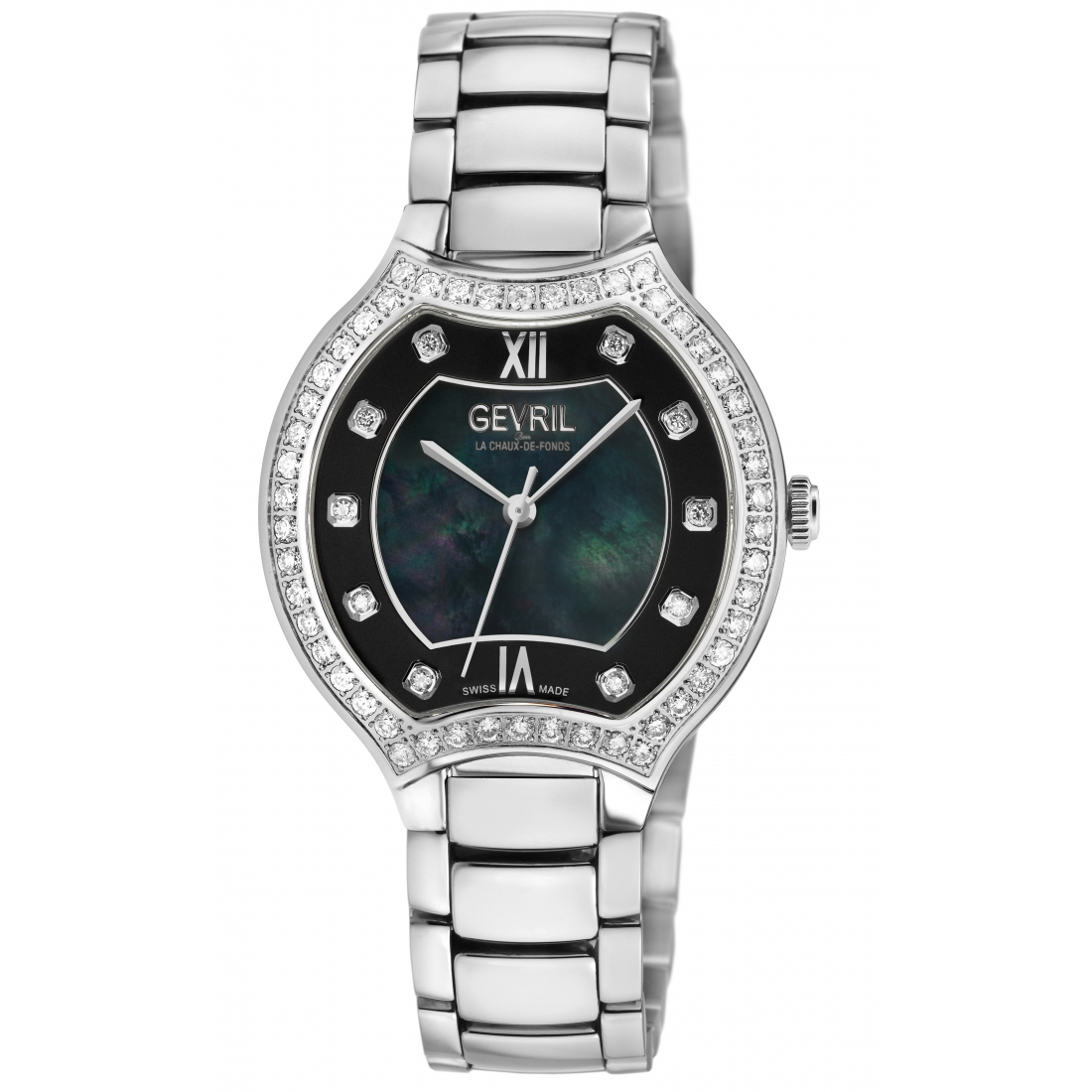 Montre Lugano Swiss Diamond pour femmes, cadran MOP noir, boîtier et bracelet en acier inoxydable 316L