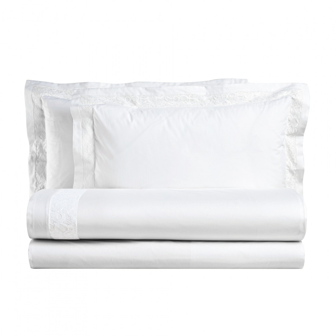 Emma King-Size Bed Complete Set in Pure Cotton With Lace Applications, White