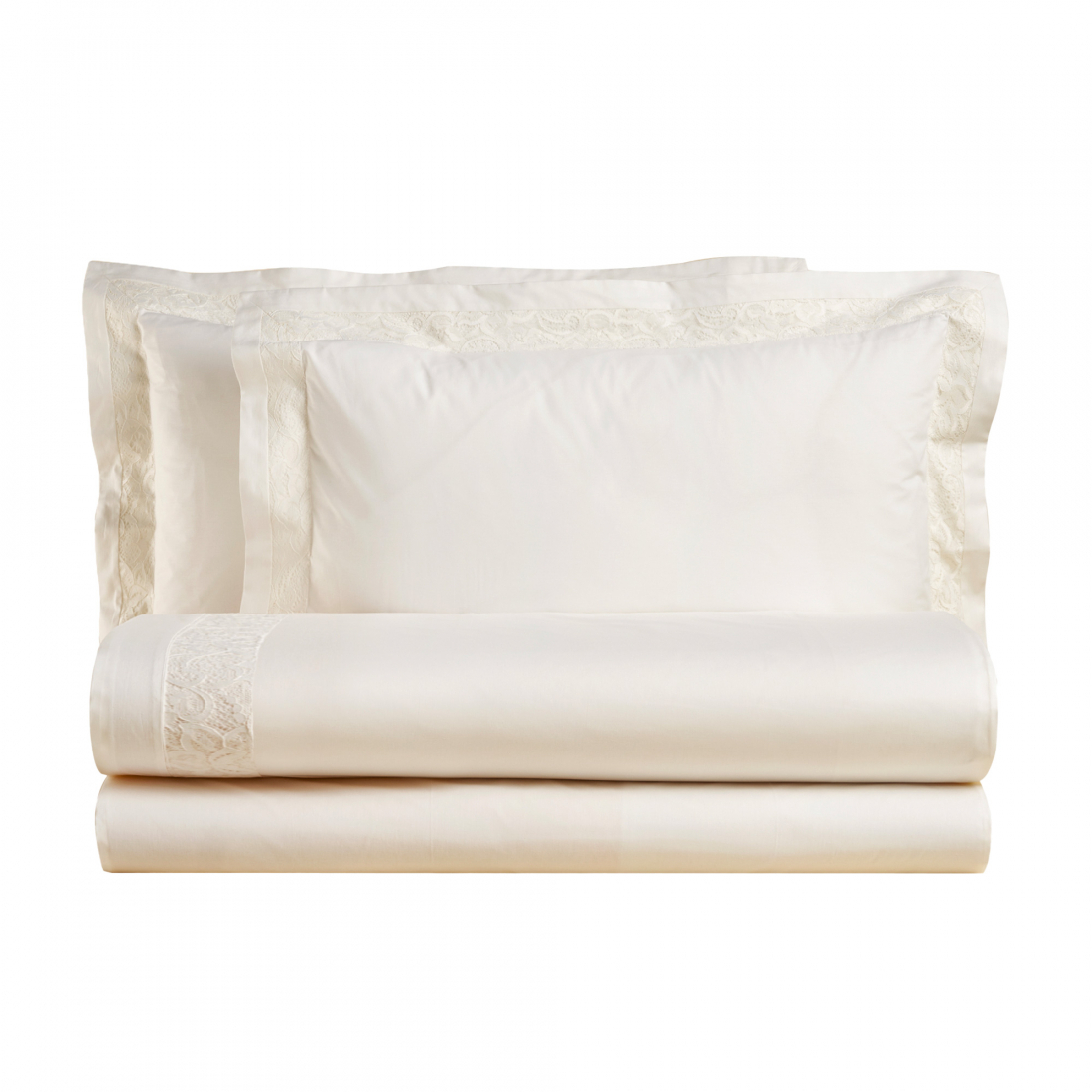Emma King-Size Bed Complete Set in Pure Cotton With Lace Applications, Ivory