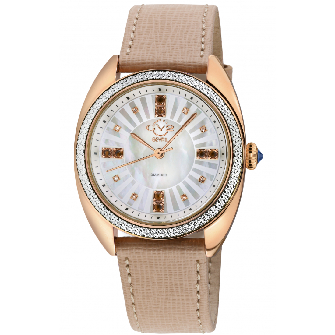 Women's Palermo Diamond Watch, 316L Stainless Steel IPRG Case, MOP Dk Blue Dial, Genuine Tan Handmade Leather Strap