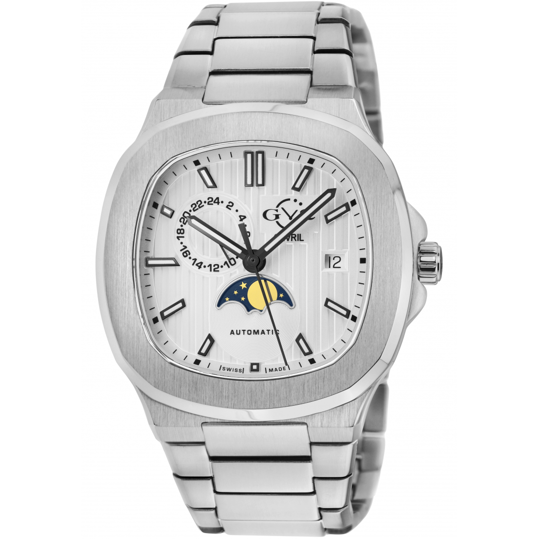 GV2 Men's Potente Moon Phase Swiss Automatic Watch,316L Stainless Steel Case, Silver Dial, 316L Stainless Steel  Bracelet