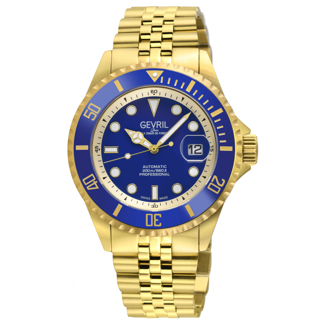 Men's Wall Street Swiss Automatic Watch,  IPYG Case, Bright Blue Bezel, Bright Blue Enamel Dial, IPYG Satin and Polished Bracel