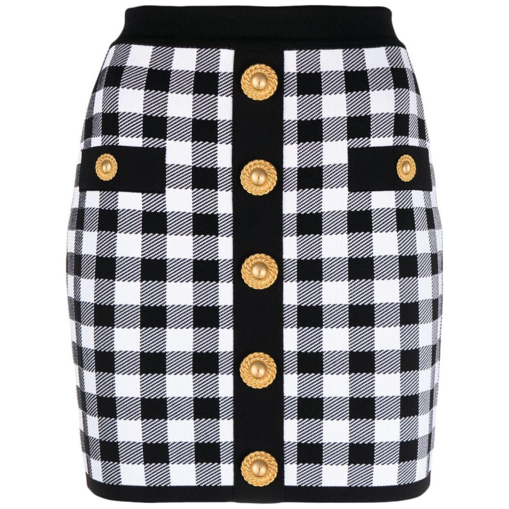 Women's 'Buttoned Gingham Knitted' Mini Skirt