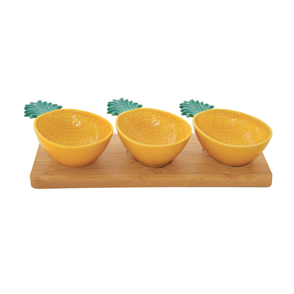Aperitif Set With Bamboo Tray And 3 Pineapple-Shaped Porcelain Bowls In C.B. Yellow-Gr
