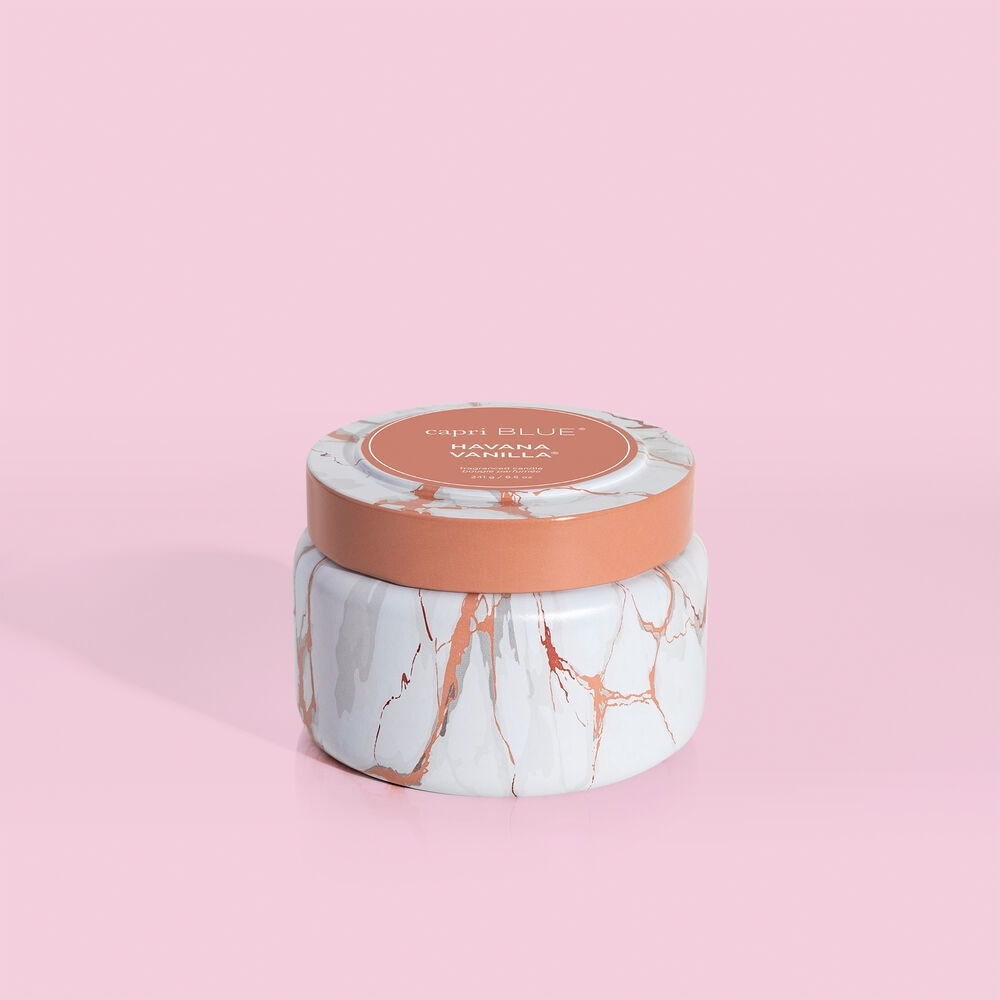 'Havana Vanilla Modern Marble Printed Travel Tin' Scented Candle - 240 g