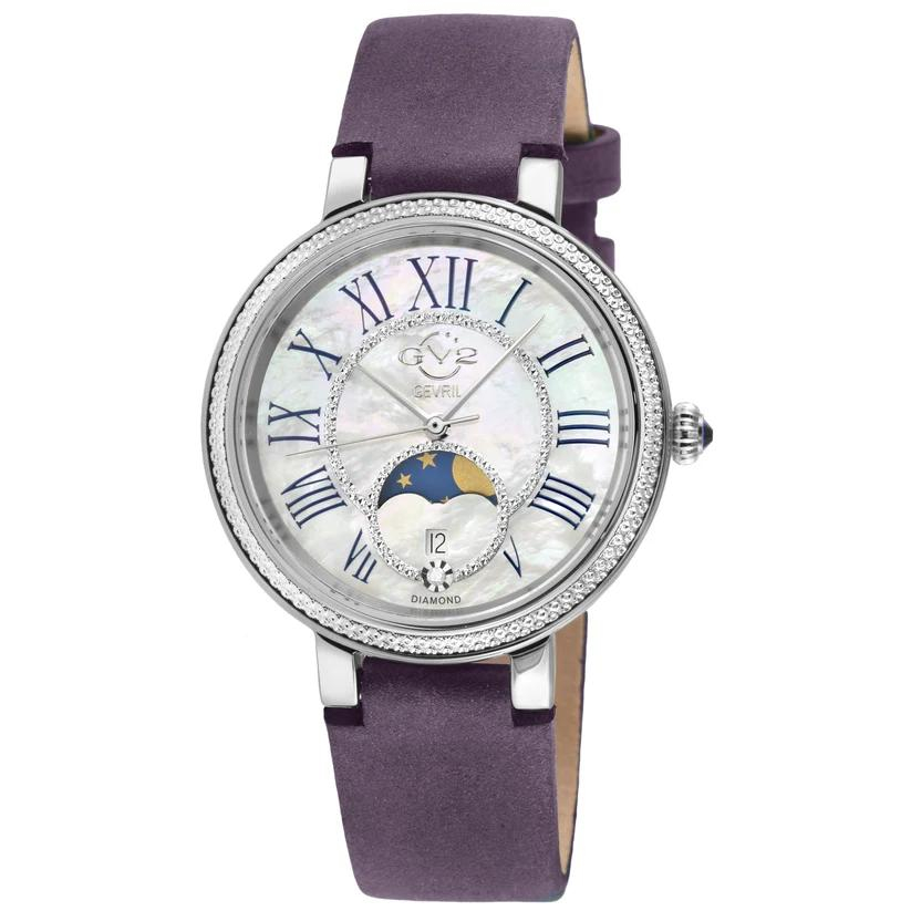 GV2 Women's Genoa SS Case,White MOP Dial, Authentic Handmade Black Plum Suede Leather Strap