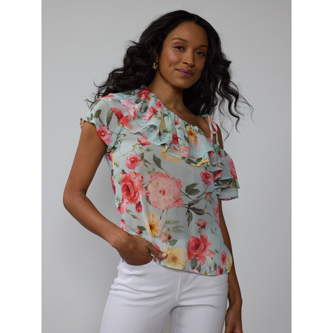 Blouse 'Tiered Ruffle Floral One Shoulder' pour Femmes