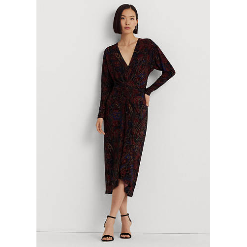 Women's 'Checked Paisley Twist-Front' Long-Sleeved Dress