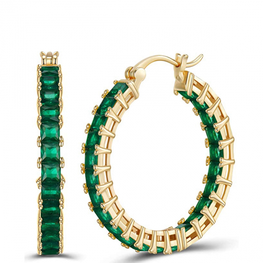 Boucles d'oreilles 'Gold & Emerald-Cut Green Hoop' pour Femmes