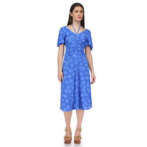 Robe Midi 'Flutter Sleeve Tie Neck Ruched Floral' pour Femmes