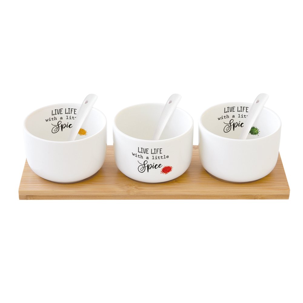 Bamboo Dipping Set 26x8 With 3 Porcelain Bowls & Spoons In Colour Box Kitchen Elements