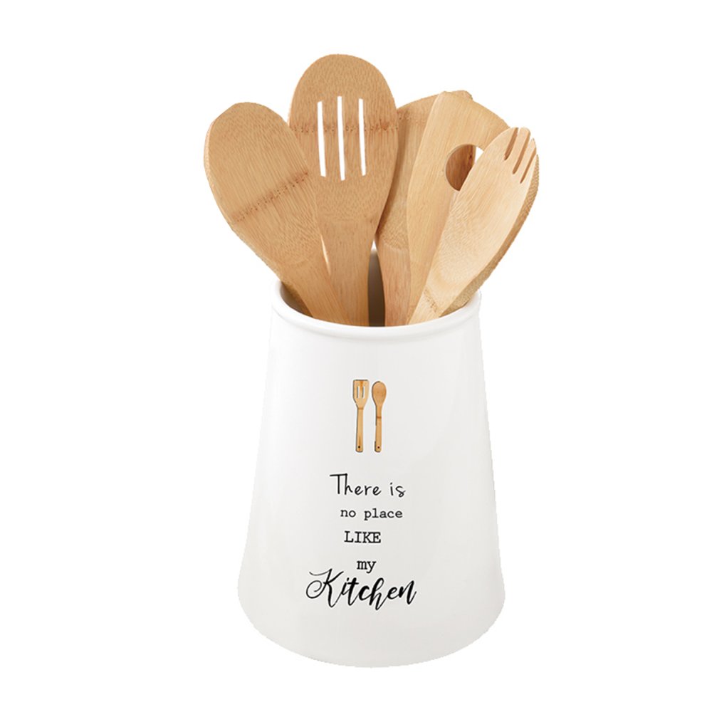 Porzellanhalter Mit 5 Küchenutensilien Aus Bambus In Farbiger Box Küchenelemente