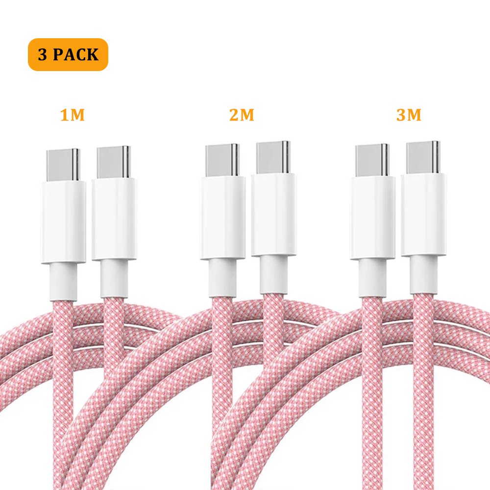 Set of 3 pink USB-C to USB-C cables - 1m/2m/3m