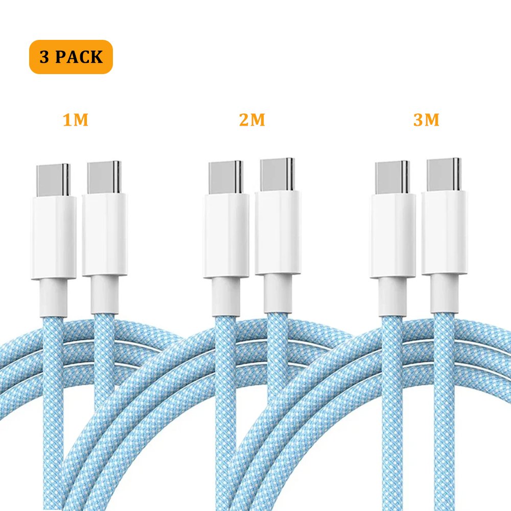 Pack of 3 blue USB-C to USB-C cables - 1m/2m/3m