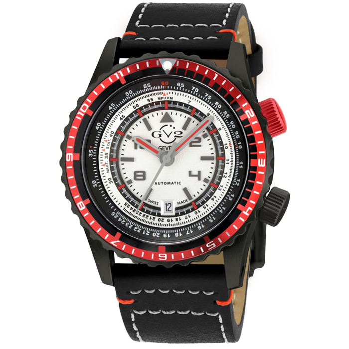 Men's Contasecondi Silver/Red Dial Black Calfskin Leather Watch