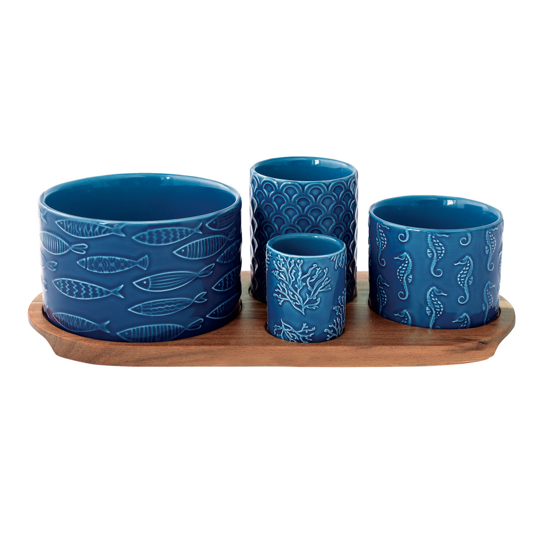 Vorspeisenset Mit 4 Runden Porzellanschalen Auf Akazienholztablett In Farbiger Box Sea Life