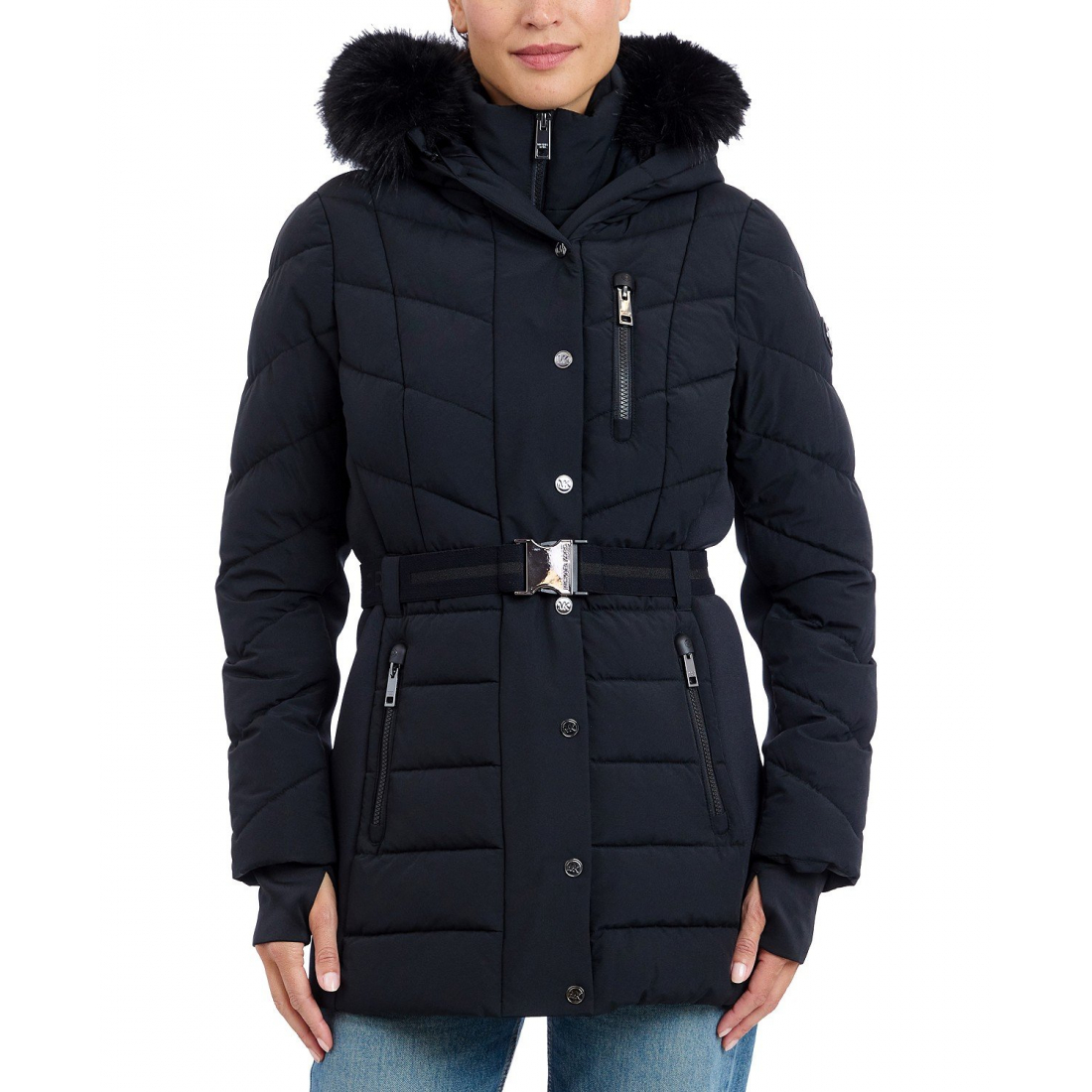 Women's 'Belted Bibbed Hooded' Puffer Coat