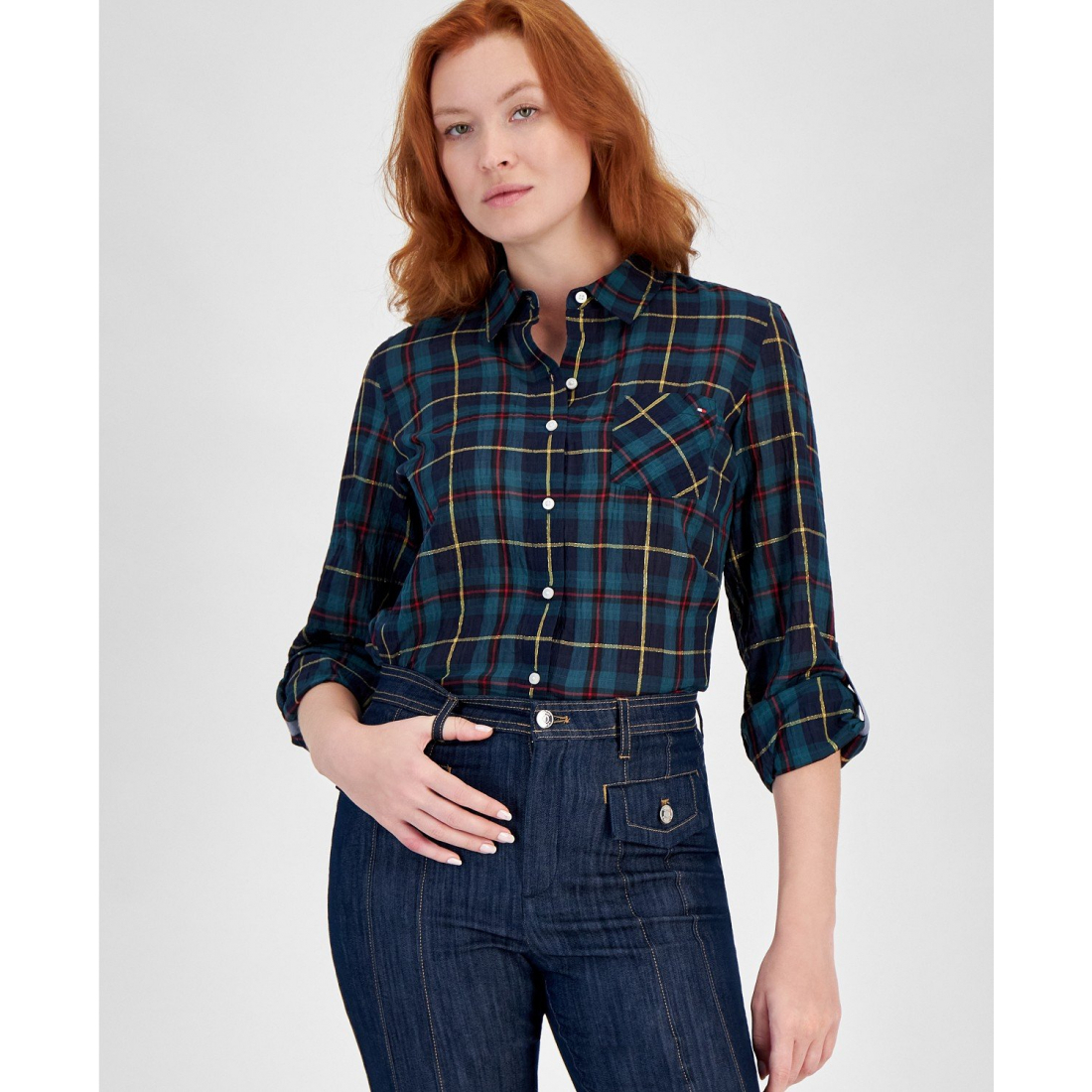 'Plaid Roll-Tab-Sleeve Button-Down Shirt' pour Femmes