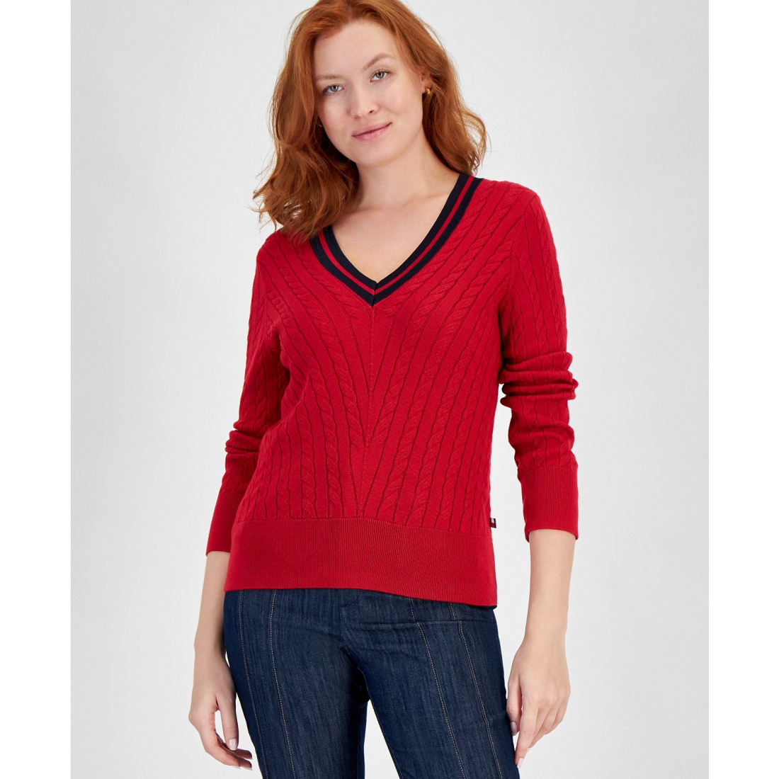 Pull 'Contrast Stripe V-Neck Cable Knit' pour Femmes