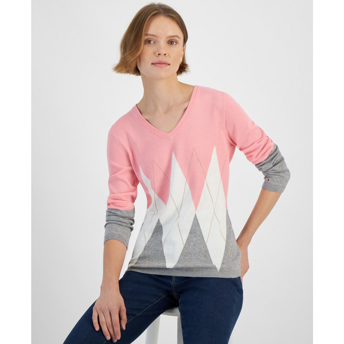 Pull 'V-Neck Long-Sleeve Cotton Argyle' pour Femmes