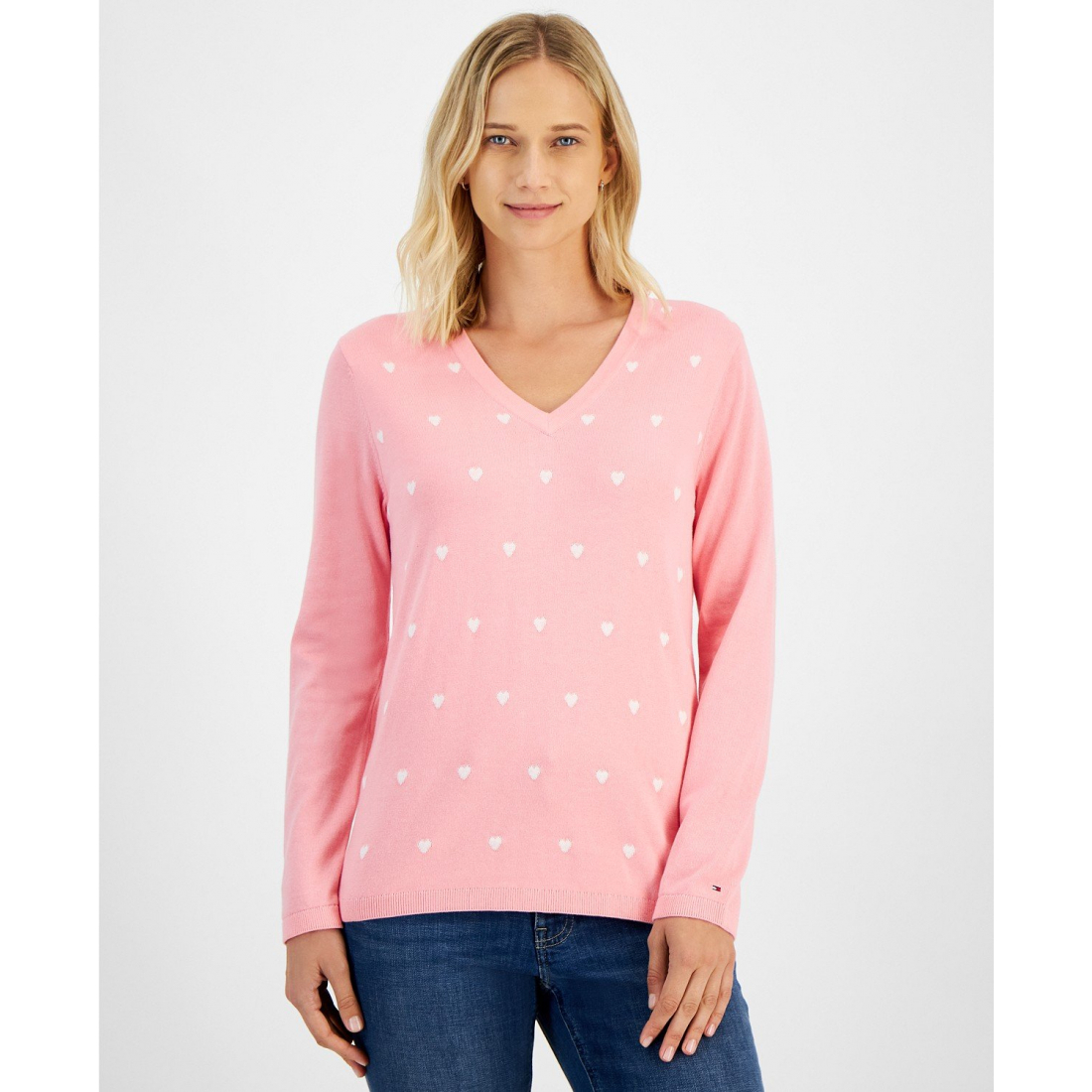 'Heart Print V-Neck Long-Sleeve Cotton Sweater' pour Femmes