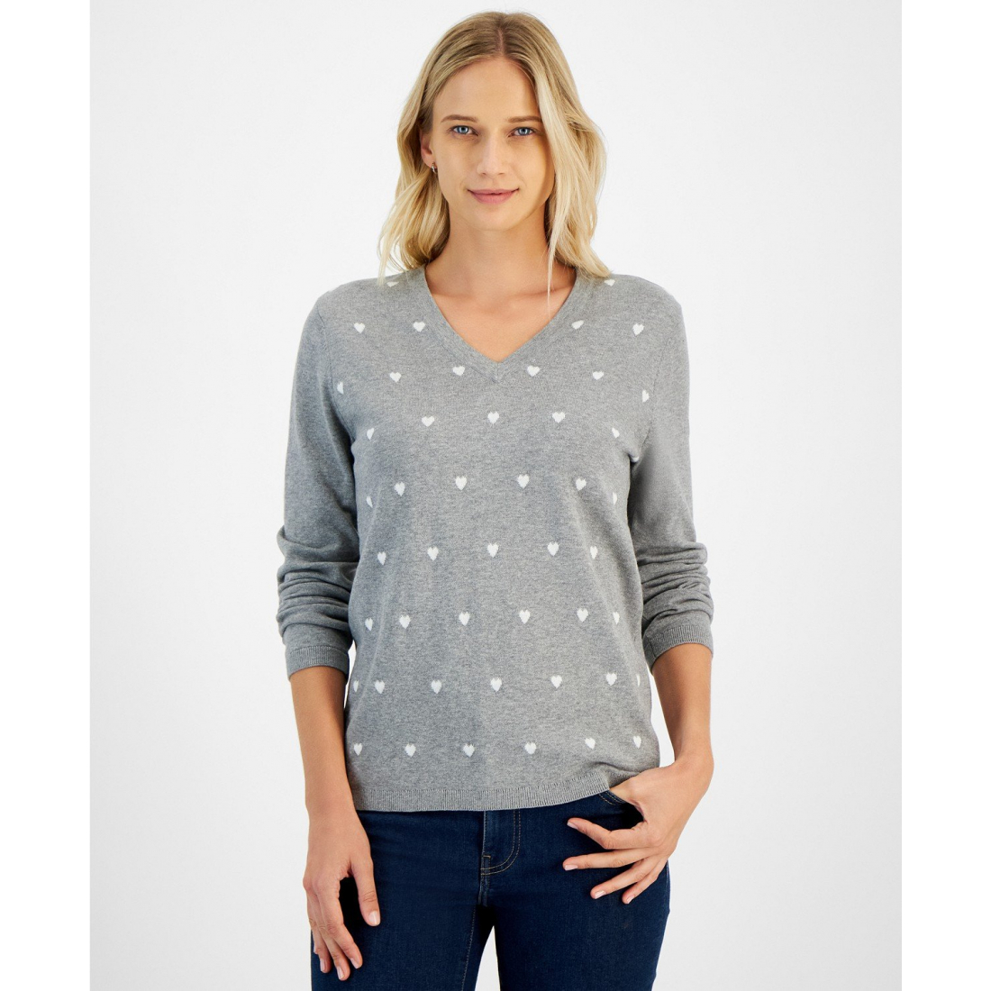 'Heart Print V-Neck Long-Sleeve Cotton Sweater' pour Femmes