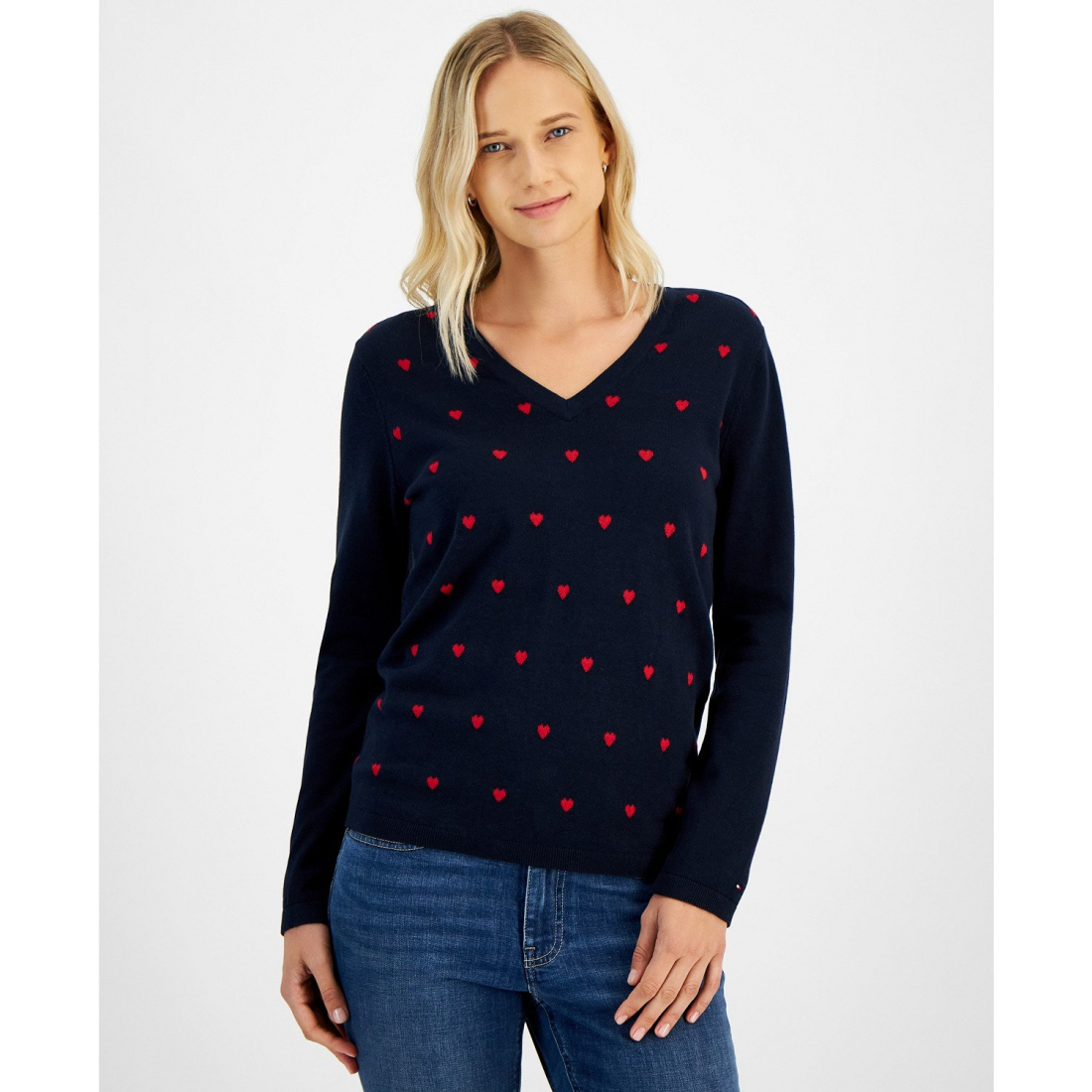 'Heart Print V-Neck Long-Sleeve Cotton Sweater' pour Femmes