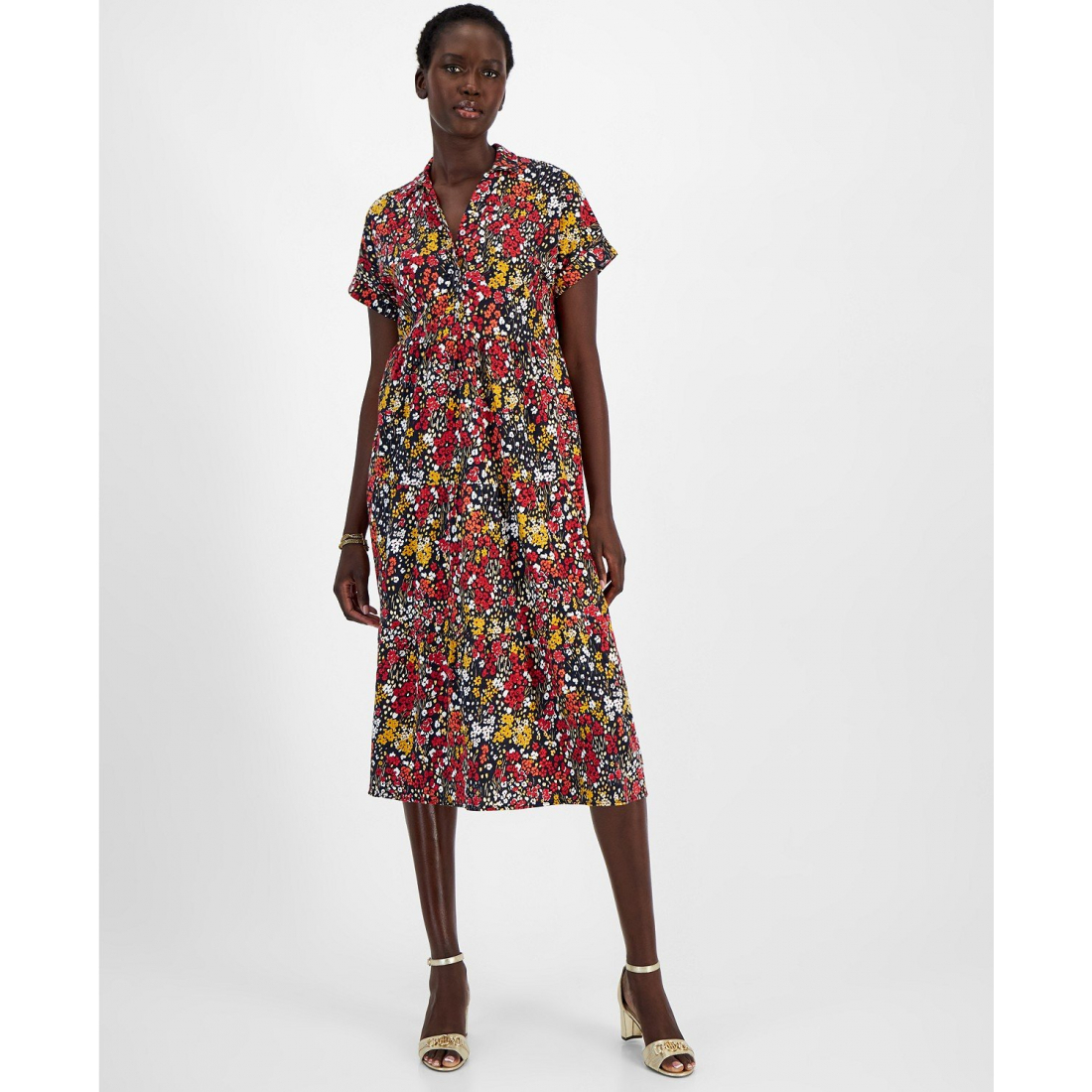 'Cotton Floral Tiered Midi Dress' pour Femmes